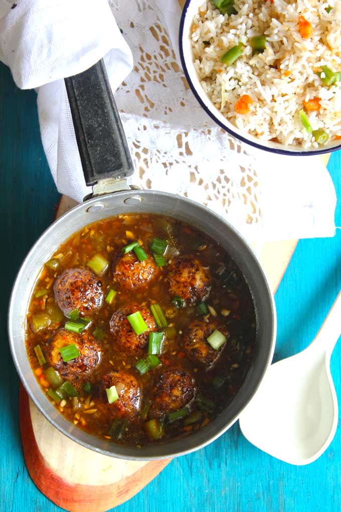 aerial shot of veg manchurian gravy in a saucepan