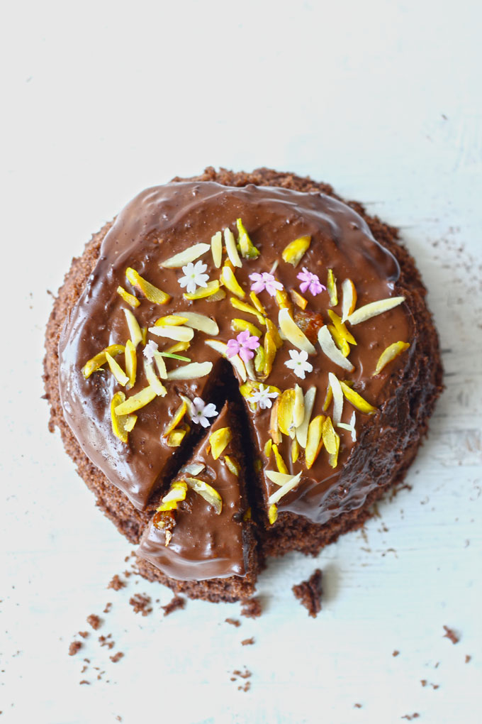 aerial shot of chocolate cake