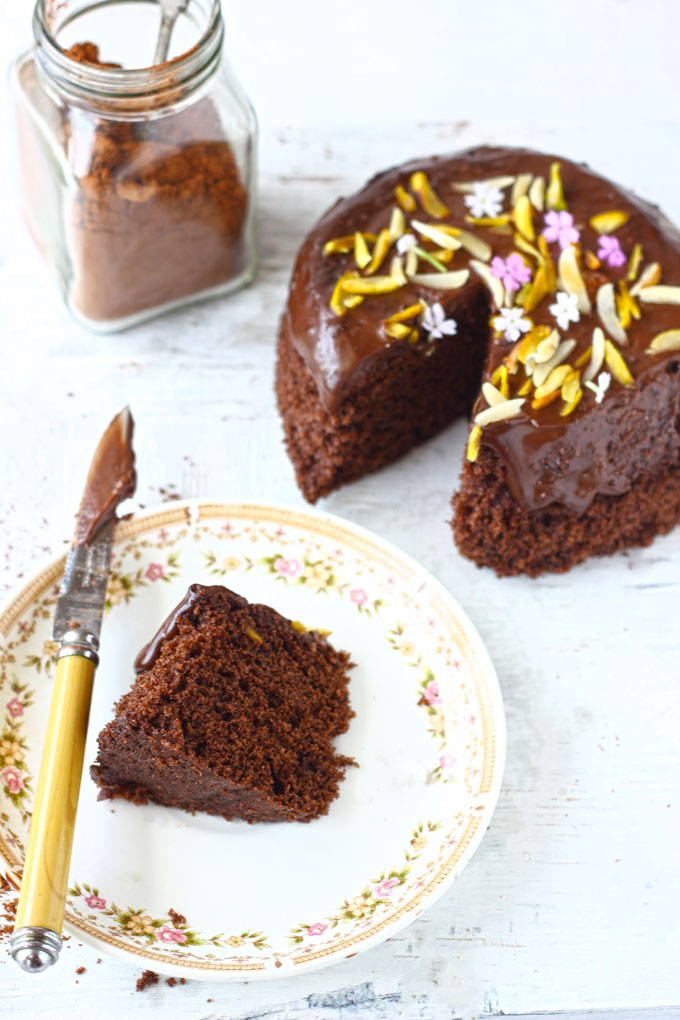side shot of chocolate cake slice