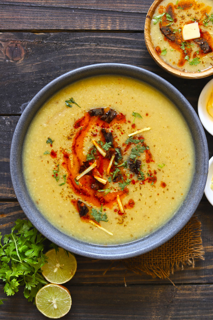 aerial shot of Moradabad special moong dal chaat in a black serving bowl