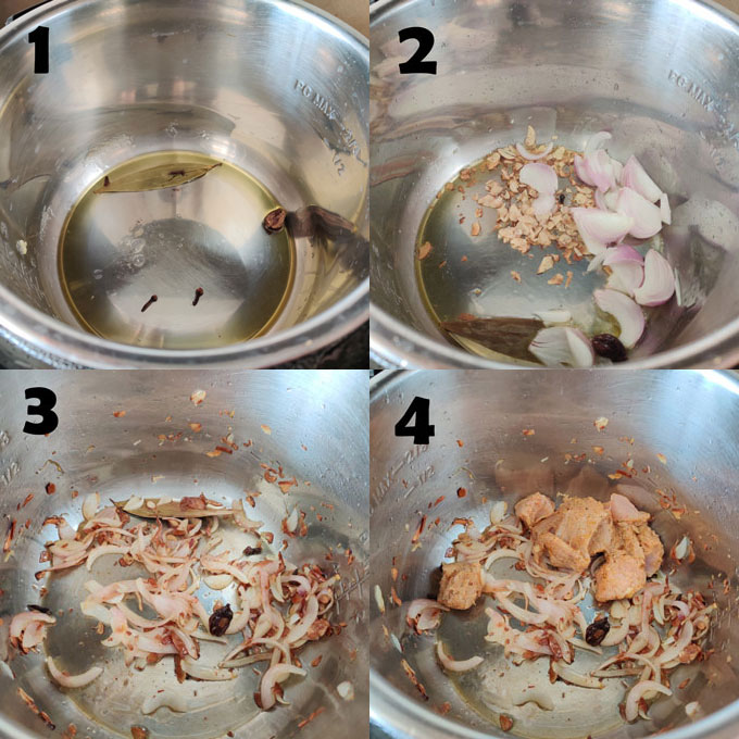 collage of chicken pulav cooking steps