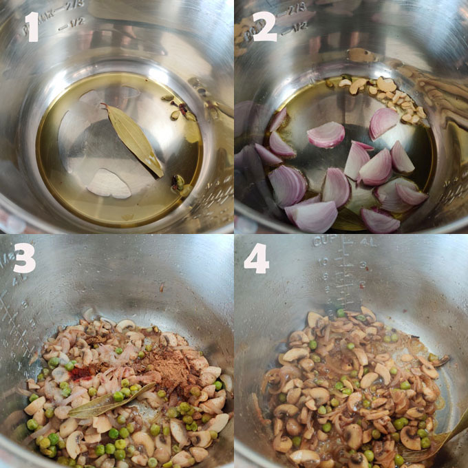 インスタントポットきのこエンドウ豆pulao調理手順