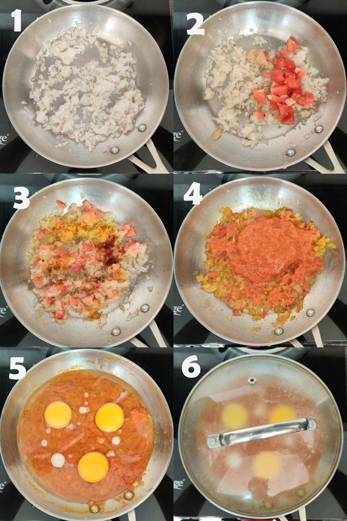 collage of step by step Indian style shakshuka recipe