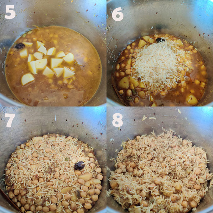 collage of chana pulao cooking steps