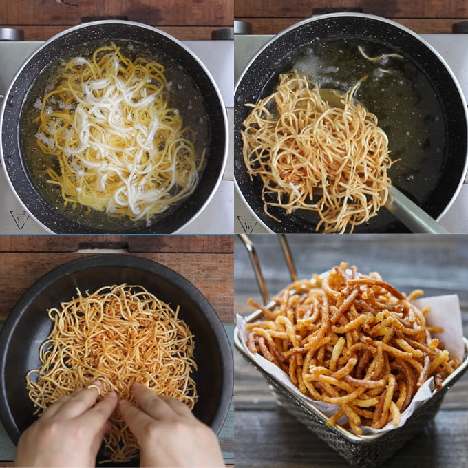 collage of crispy fried noodles cooking steps