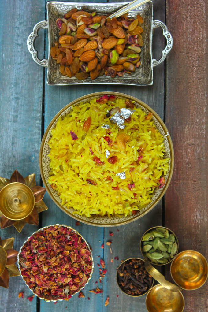 aerial shot of zarda pulao in a silver serving bowl