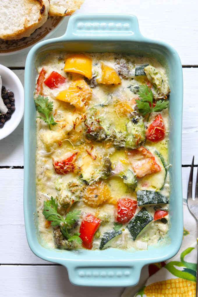 aerial shot of vegetable bake in a rectangular ceramic baking dish