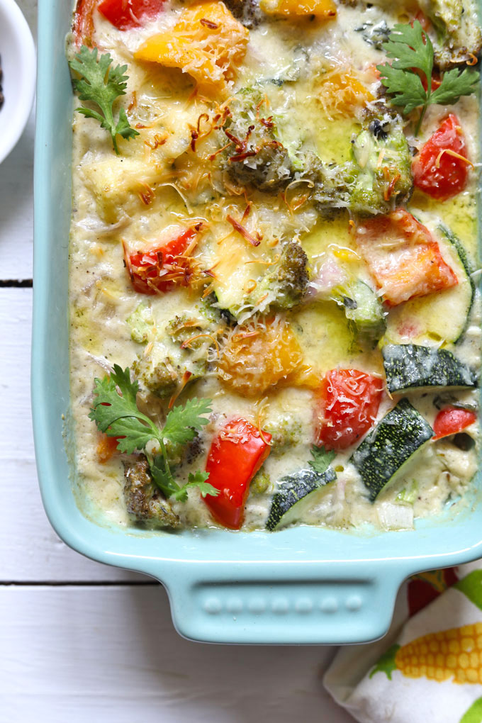 aerial close up shot of vegetable bake in a ceramic rectangular dish