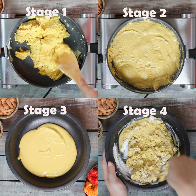 collage of gram flour roasting steps