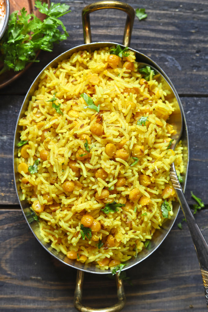 aerial shot of chana dal khichdi in a traditional serving platter