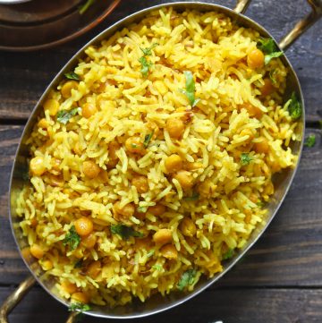 aerial shot of chana dal khichdi in an oval serveware