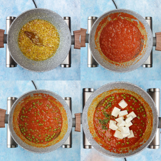 collage of matar paneer cooking steps