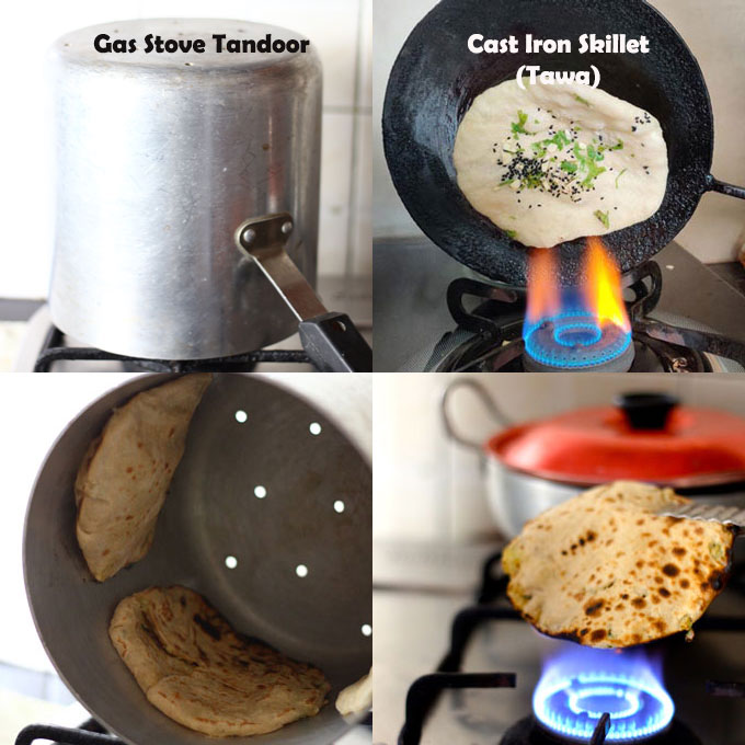 collage of naan cooking method