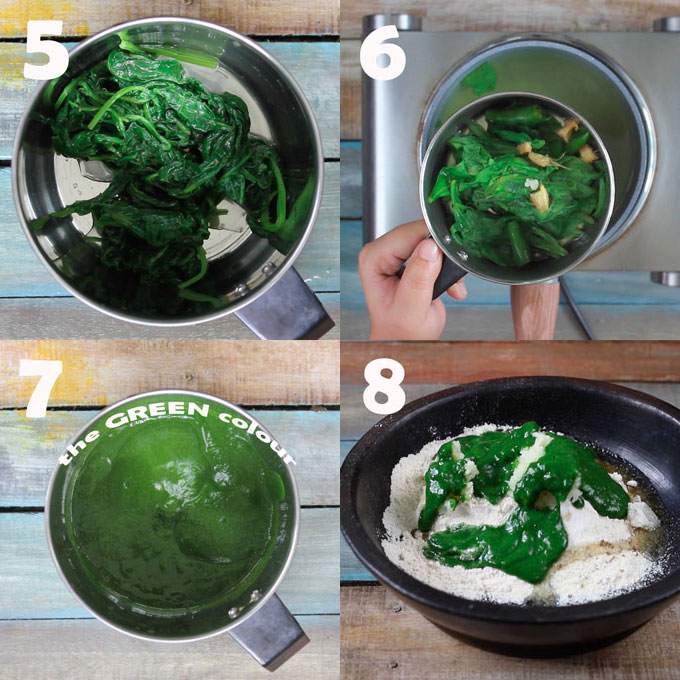 collage of spinach puree making process