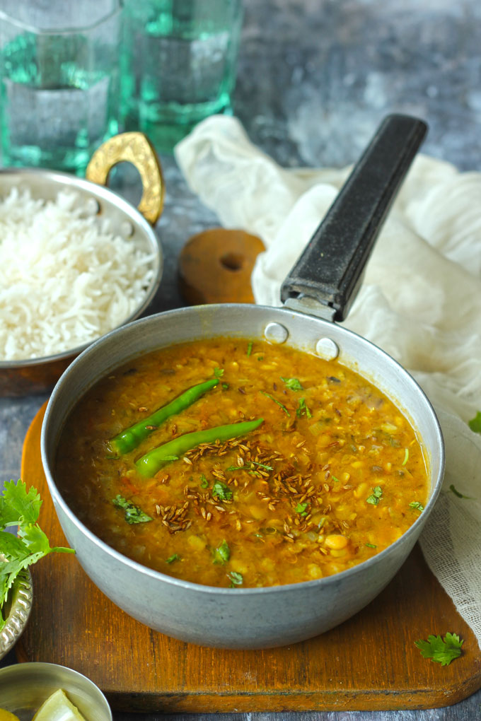 side shot of panchratan dal in an aluminium saucepan