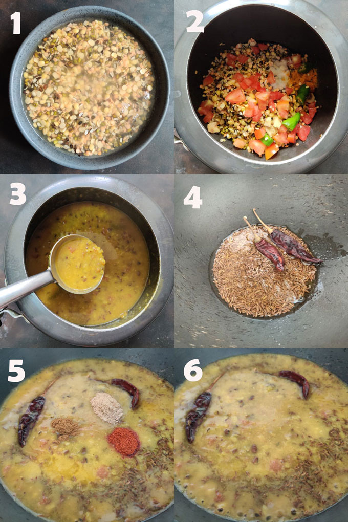 collage of panchmel dal cooking steps
