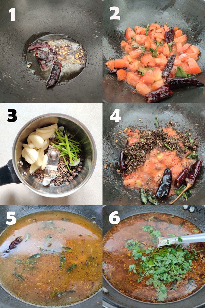 collage of rasam recipe cooking steps