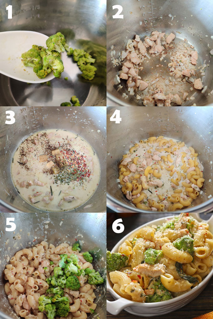 collage of broccoli pasta cooking steps