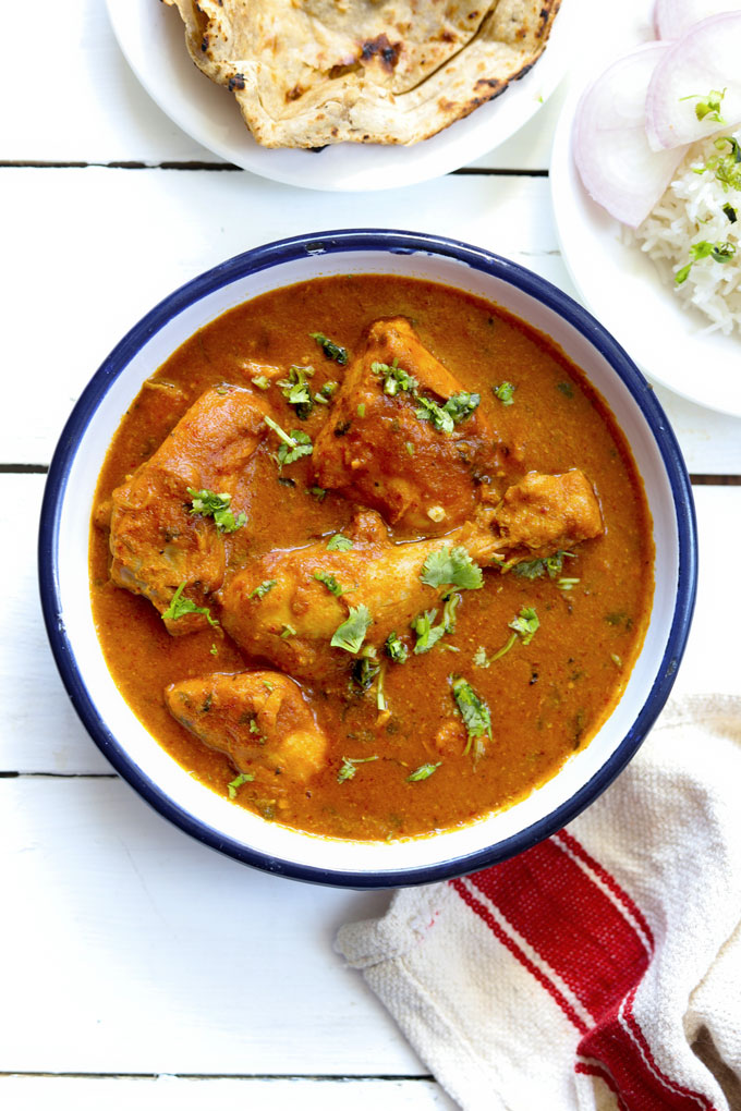 aerial shot of murgh curry in a white bowl