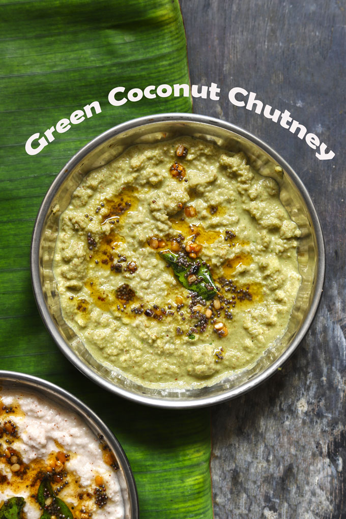 aerial shot of green chutney in a steel bowl