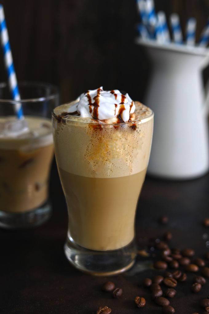 side shot of cold coffee in a glass