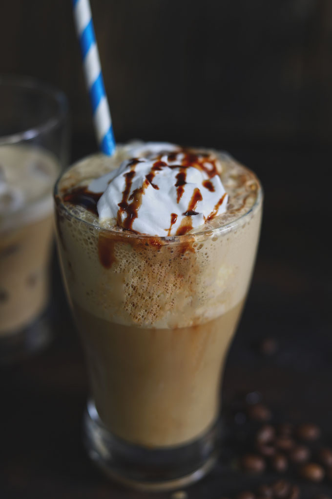 side shot of cold coffee with ice cream