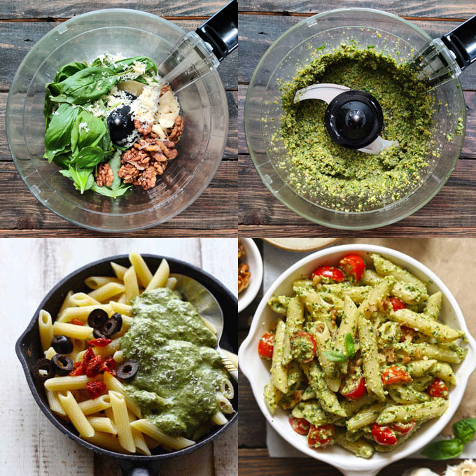 collage of pesto making steps in a food processor