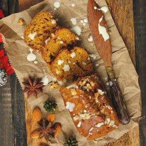 aerial shot of sliced chai spiced pumpkin cake