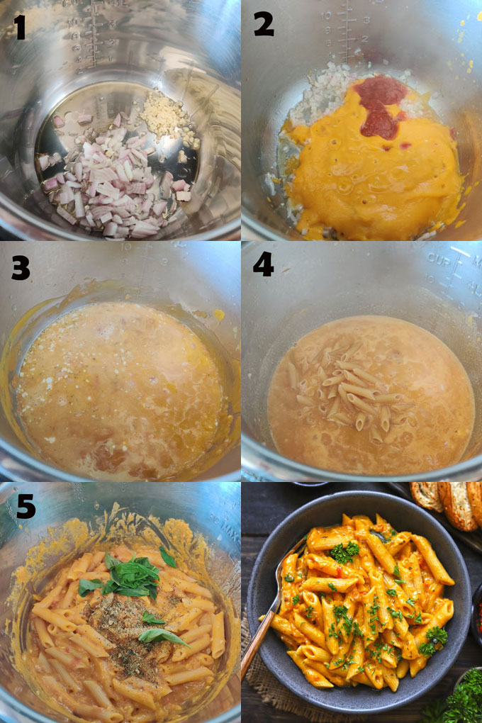 Collage of step by step instant pot pumpkin pasta cooking steps