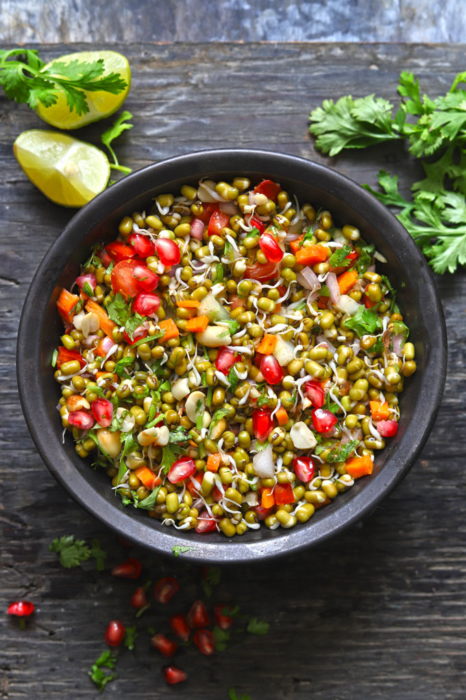 aerial shot of sprouts salad in a black serving bowl