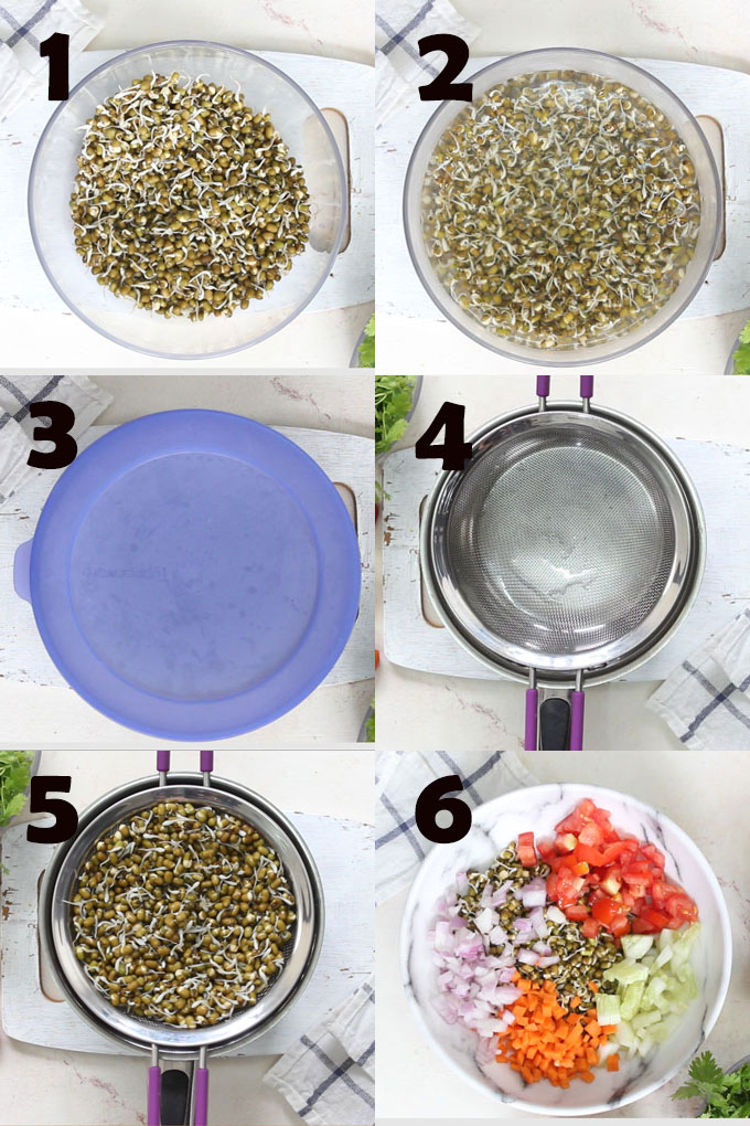 collage of mung bean sprout salad making steps