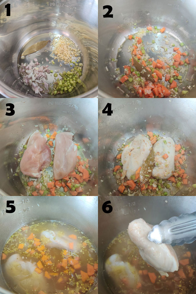 collage of chicken noodle soup cooking steps