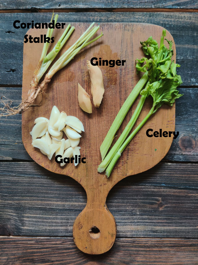 aerial shot of key ingredients for chicken soup