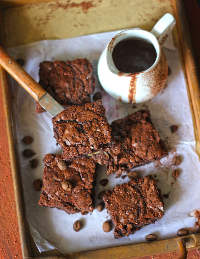 aerial shot of chocolate brownies on a platter