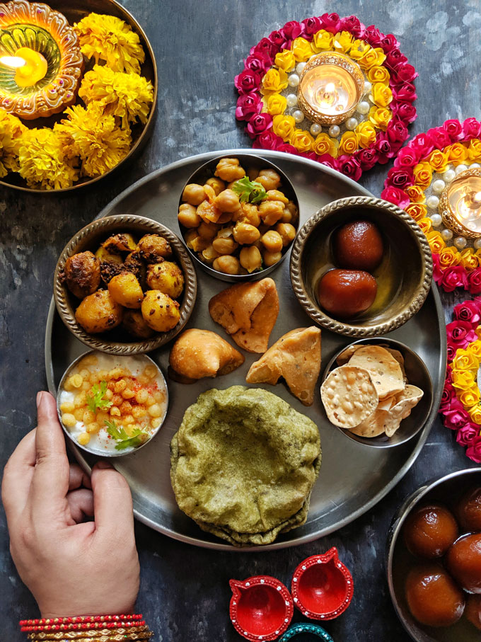 aerial shot of Indian festival thali meal