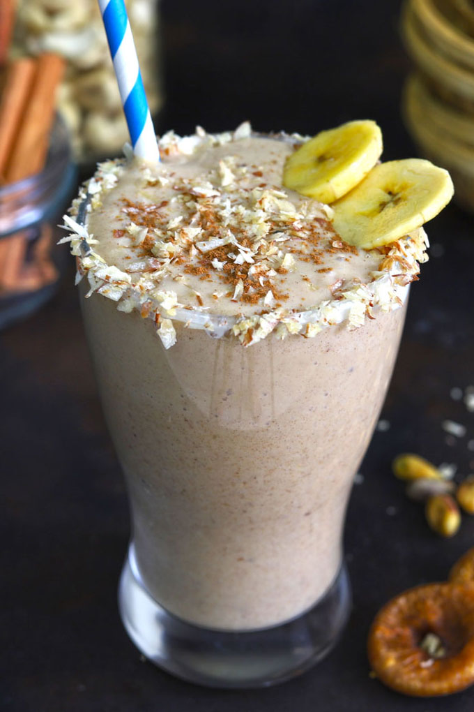 side close up shot of sugar-free banana milkshake in a glass