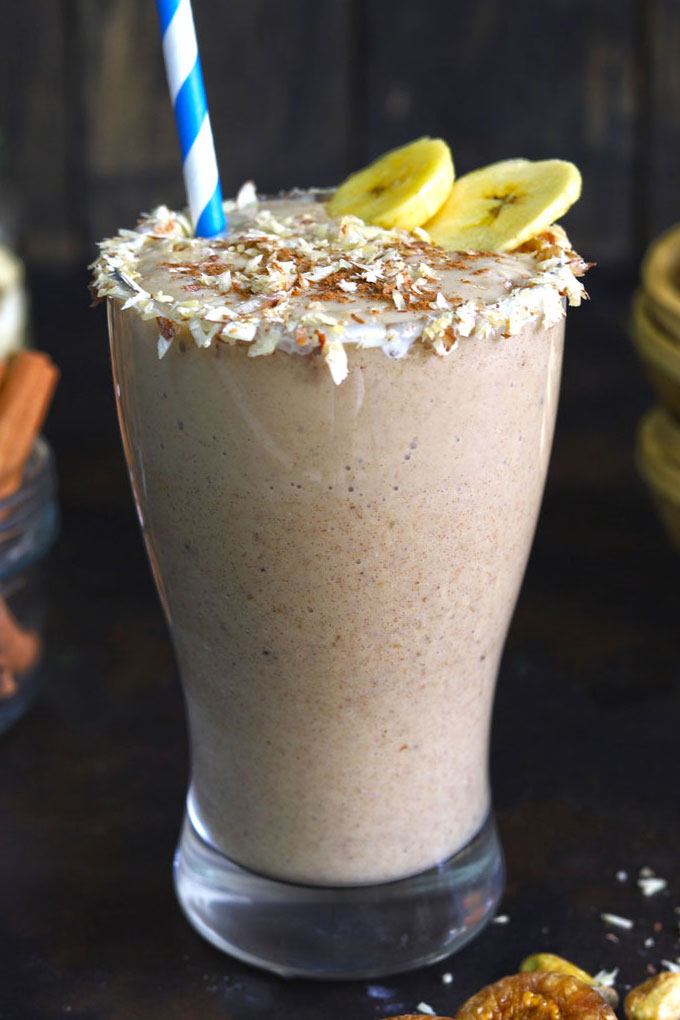 side close up shot of date milkshake in a glass