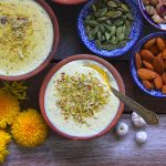 aerial shot of phool makhana phirni in an earthern bowl