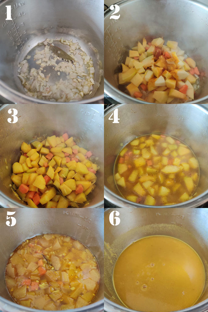 collage of instant pot curried pumpkin soup cooking steps.