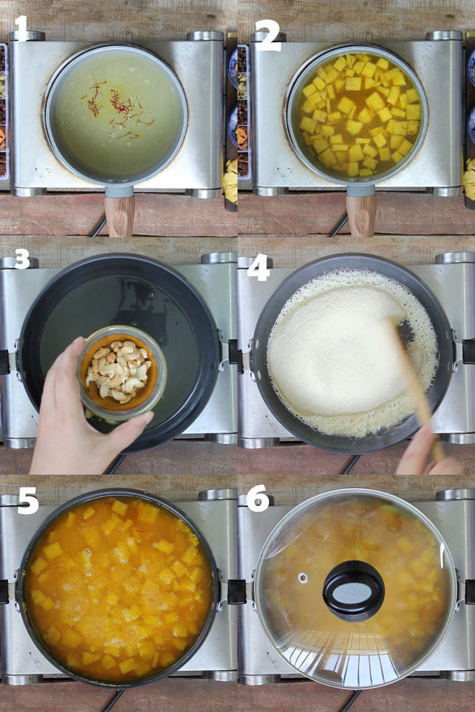 Collage of rava kesari cooking steps