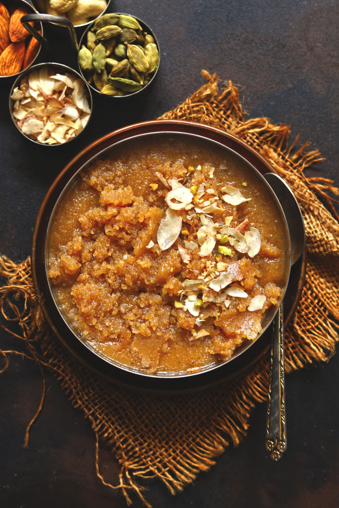 aerial shot of suji halwa in a stainless steel bowl