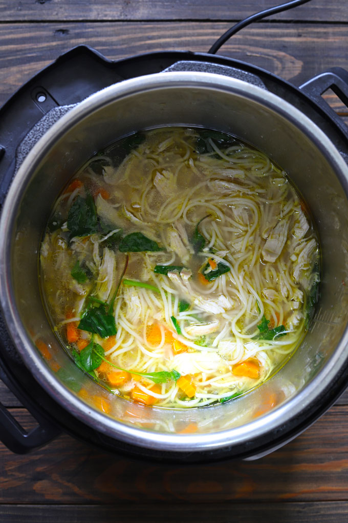 aerial shot of chicken soup in an instant pot