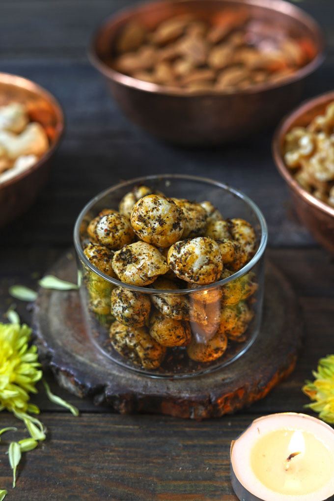 side close up shot of roasted makhana in a glass bowl