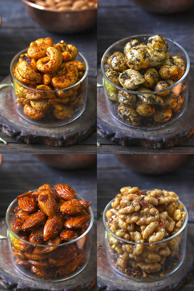 collage of roasted nuts in 4 flavors