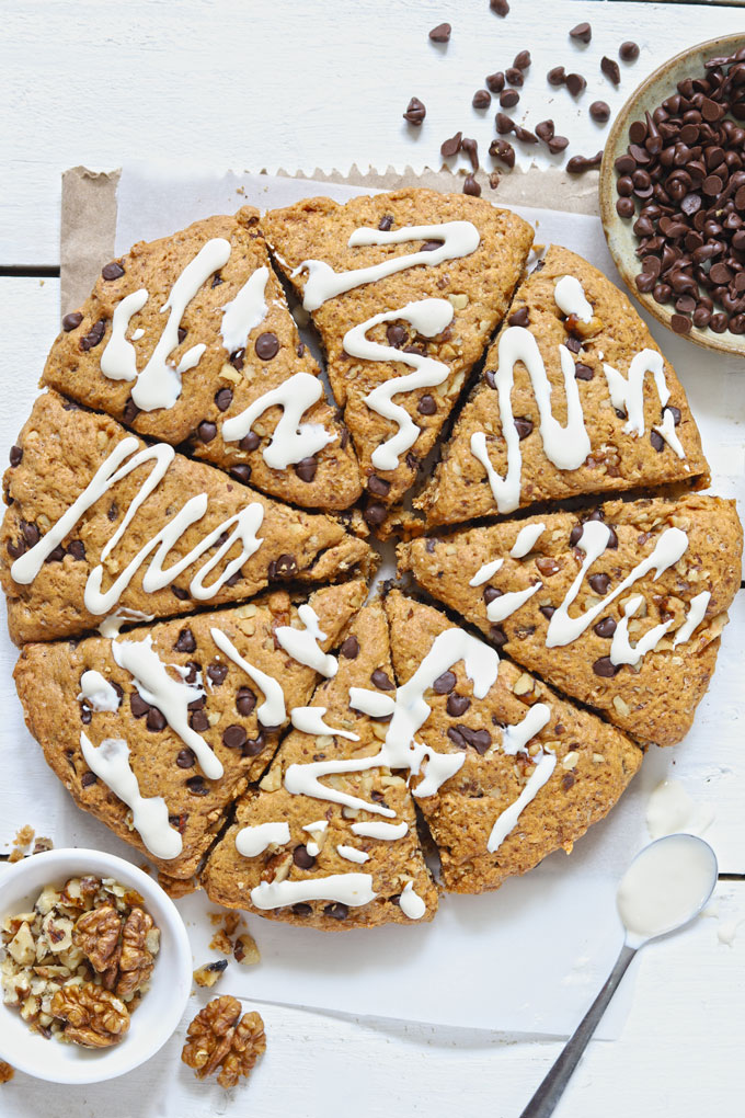 aerial shot of eggless scones on a white surface