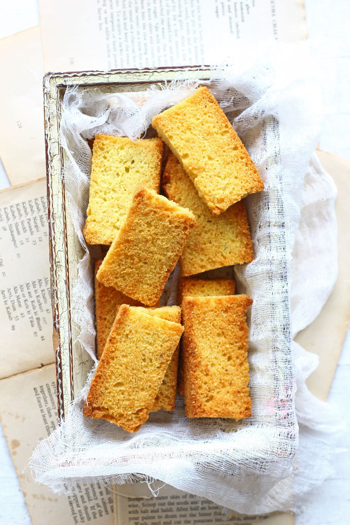 aerial shot of cake rusk stacked on a white tray