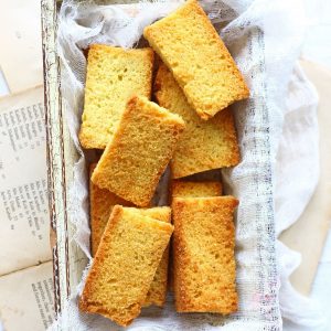 aerial shot of cake rusk stacked on a white tray