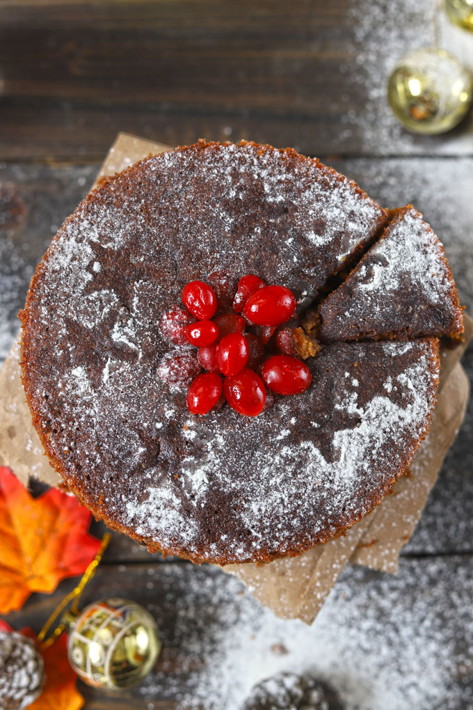 aerial shot of sliced Christmas Cake