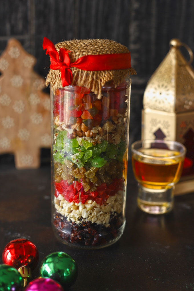 dried fruits in a bottle for the Christmas Cake