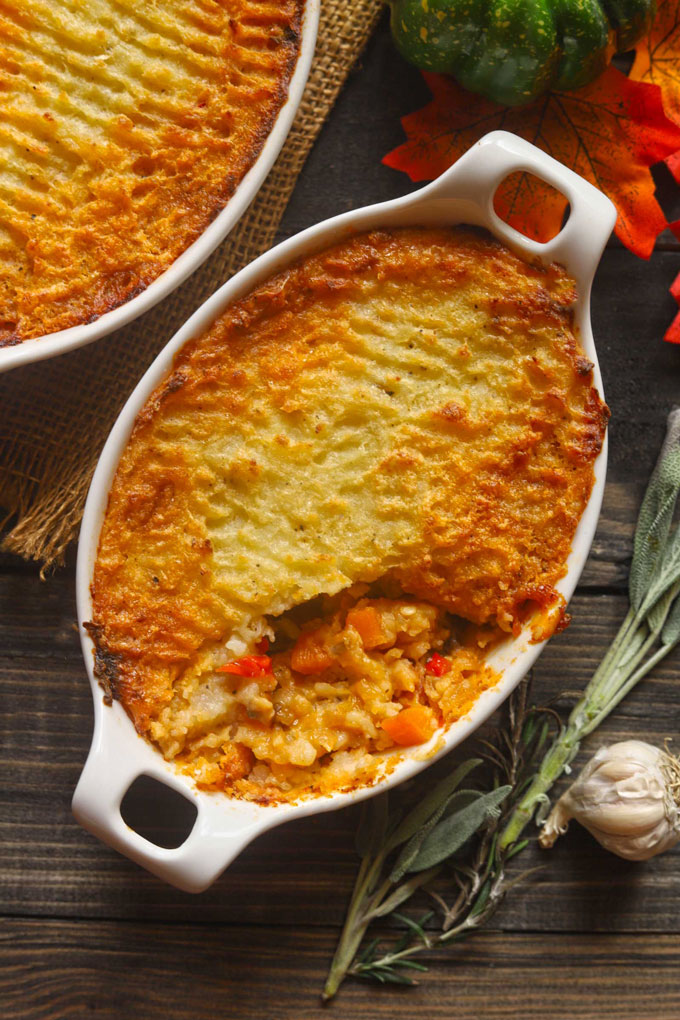 aerial shot of Shepherd's pie in a white bakeware